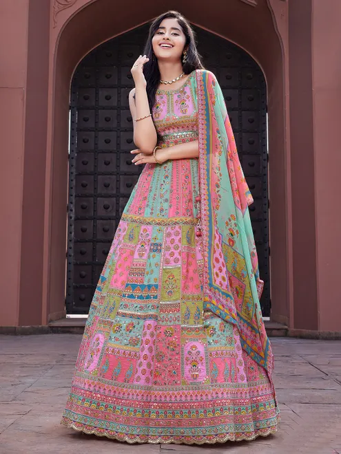 Multicolour festive wear silk lehenga choli