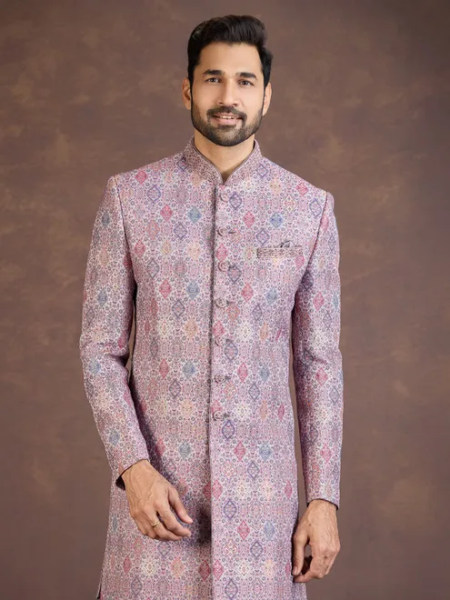 Multicolour jacquard indo western set with embellished embroidery