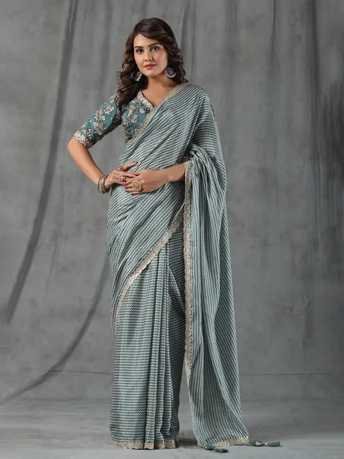 Muslin silk printed stone blue saree