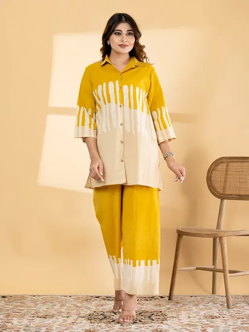 Mustard beige cotton printed co ord set