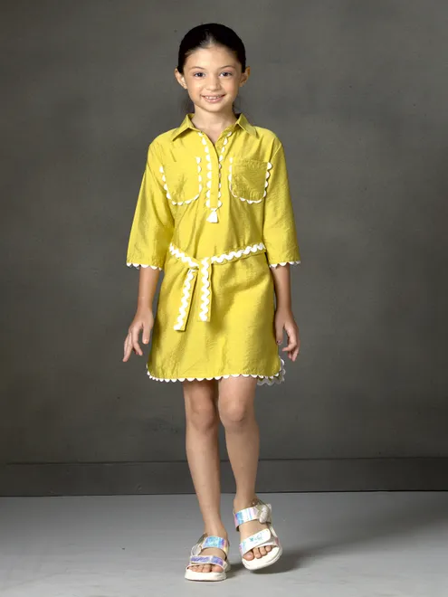 Mustard cotton silk mini dress with designer belt
