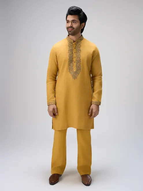 Mustard crafted thread linen kurta ensemble