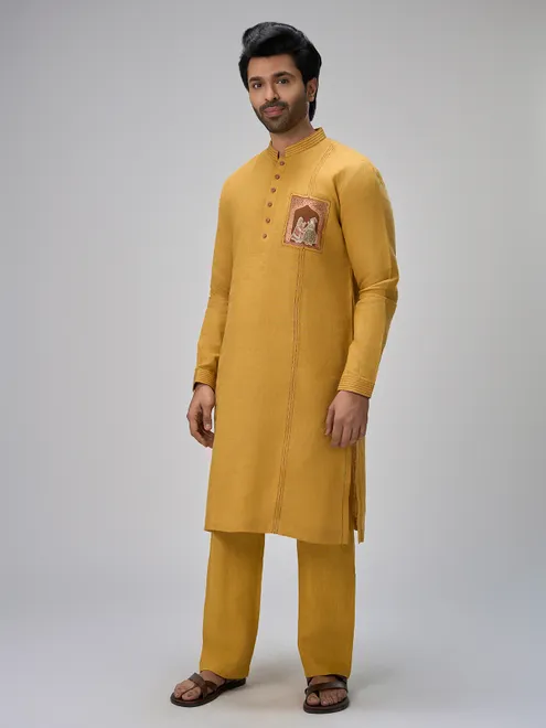Mustard designer linen kurta pajama ensemble