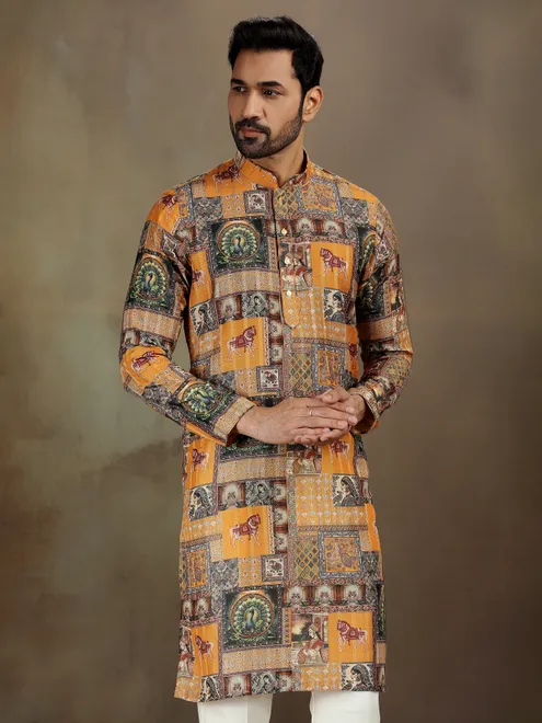 Mustard satin kurta with printed detail