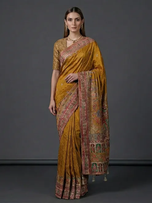 Mustard yellow art silk mirror work haldi saree