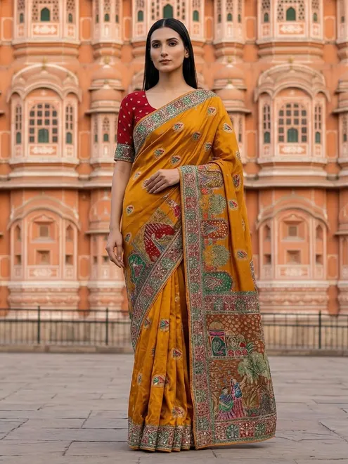 Mustard yellow art silk zardosi work festive saree