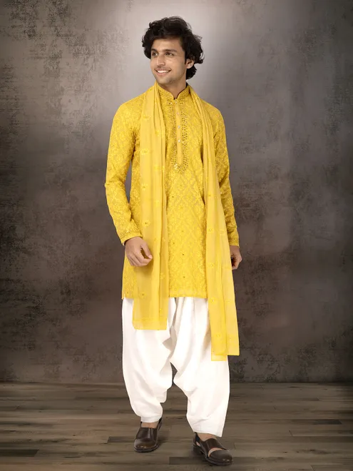 Mustard yellow chanderi silk kurta suit with dupatta