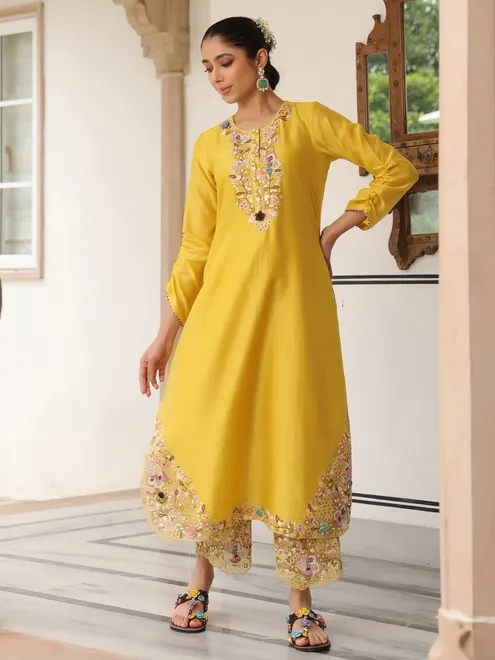Mustard yellow chanderi silk kurti set for festival