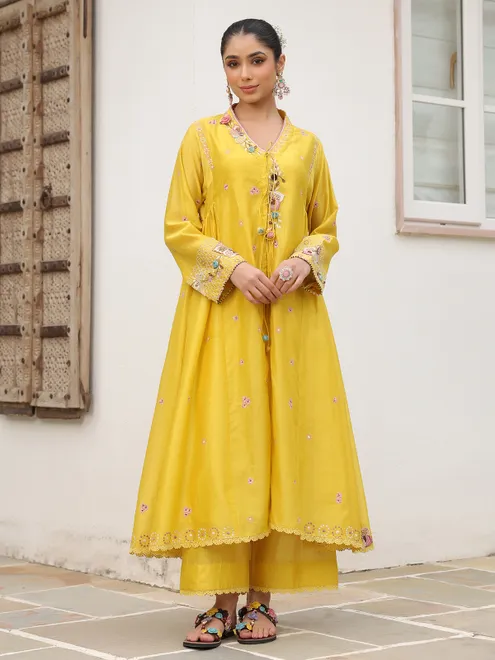 Mustard yellow chanderi silk pakistani style kurti set for women