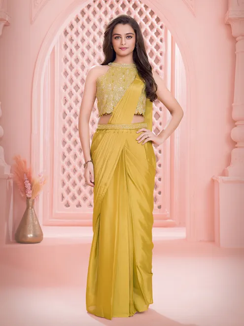 Mustard yellow chiffon drape choli saree with waist belt