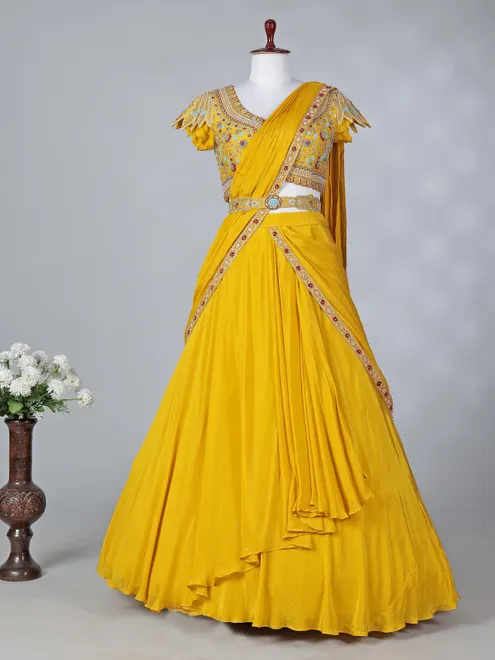 Mustard yellow chiffon silk sweetheart lehenga choli