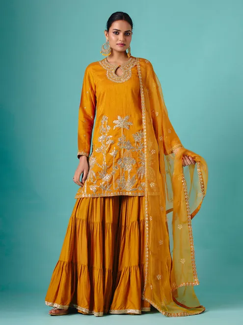 Mustard yellow chinon silk net flowy sharara suit