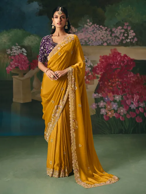 Mustard yellow chinon silk saree for wedding wear