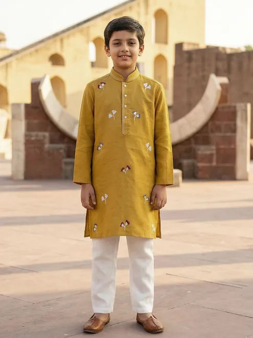 Mustard yellow cotton linen thread work festive boys kurta set