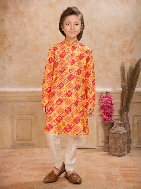Mustard yellow cotton silk kurta suit with printed