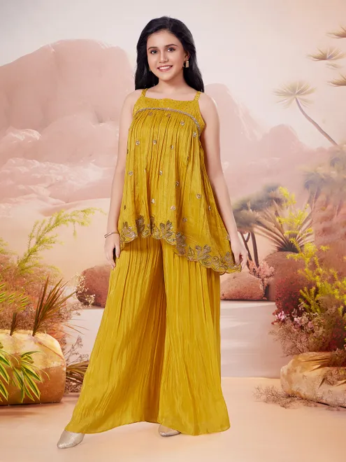 Mustard yellow crepe palazzo designer festive salwar suit