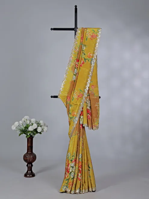 Mustard yellow crepe silk haldi saree