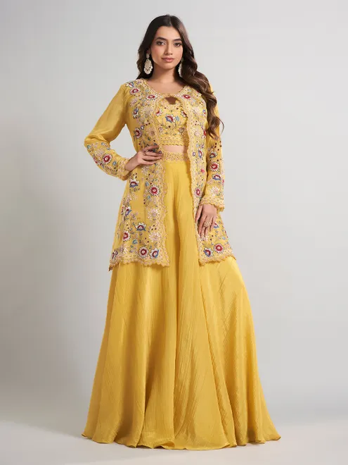Mustard yellow designer jacket style silk palazzo suit