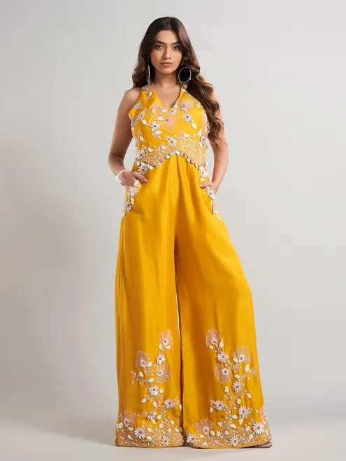 Mustard yellow designer silk jumpsuit for wedding wear
