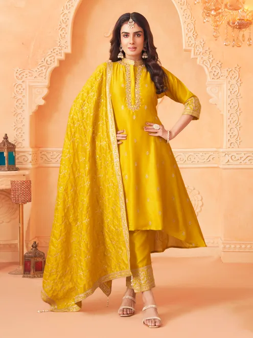 Mustard yellow designer silk stand collar neck suit