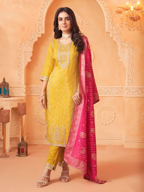 Mustard yellow diamond work pakistani silk salwar suit