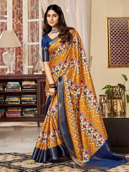 Mustard yellow digital printed satin saree