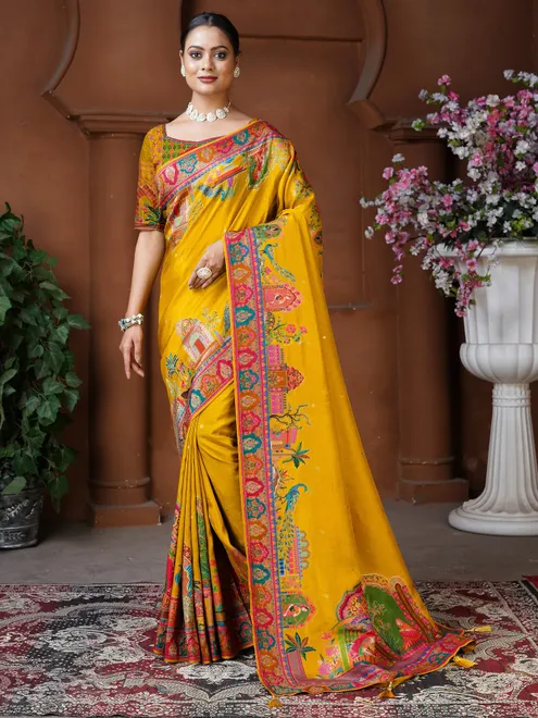 Mustard yellow dola silk saree for women