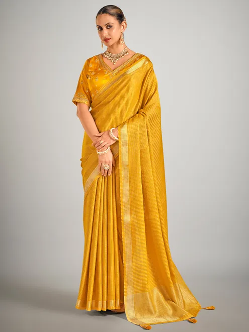 Mustard yellow dola silk zari weaving saree