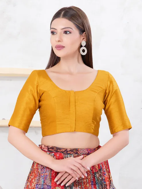 Mustard yellow dupion silk elbow sleeve blouse