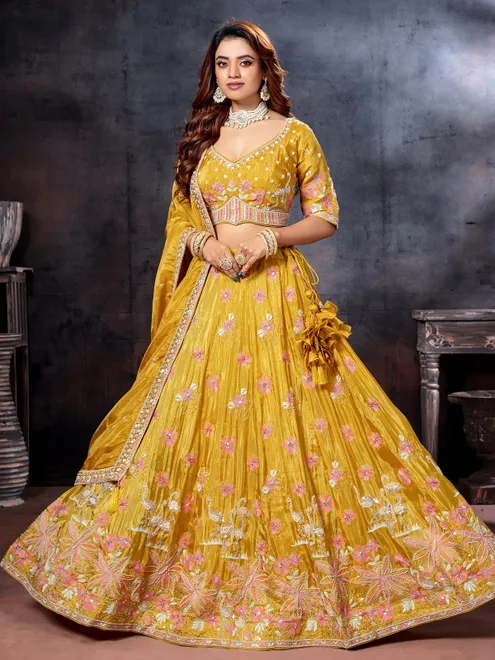 Mustard yellow embellished bridal lehenga choli
