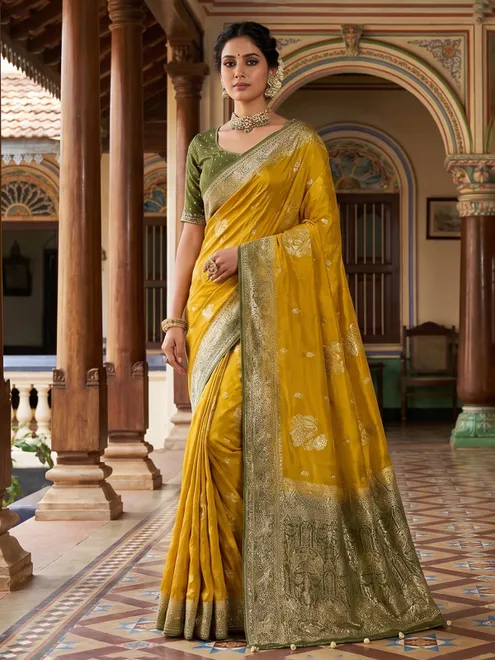 Mustard yellow festive mirror work designer saree