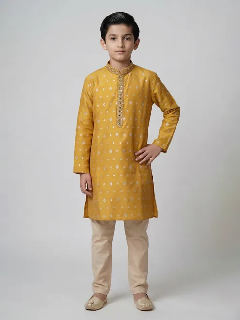 Mustard yellow festive wear cotton silk kurta suit
