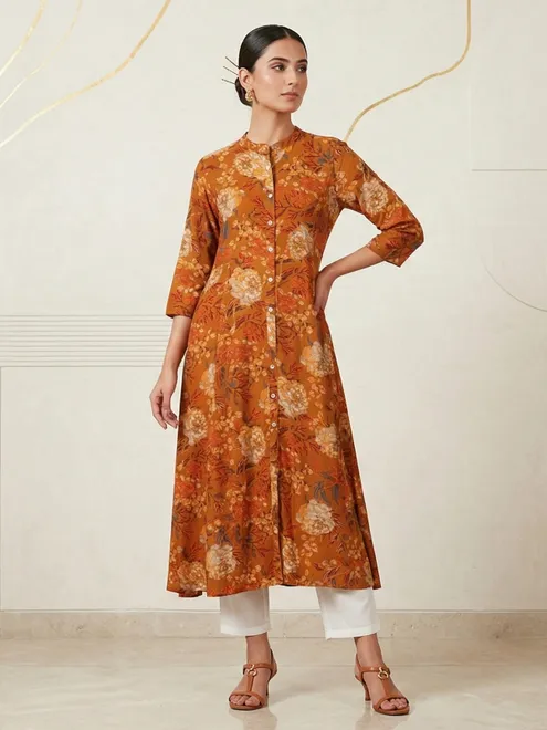 Mustard yellow floral printed cotton silk kurti for women