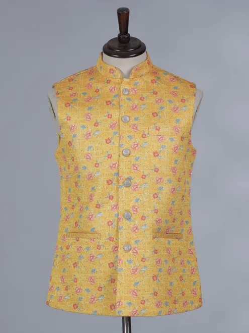 Mustard yellow floral printed cotton silk waistcoat