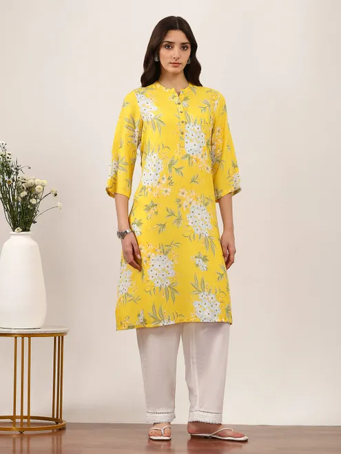 Mustard yellow floral printed linen cotton kurti