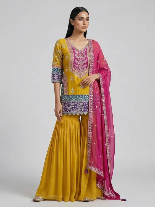 Mustard yellow georgette silk pakistani sharara suit