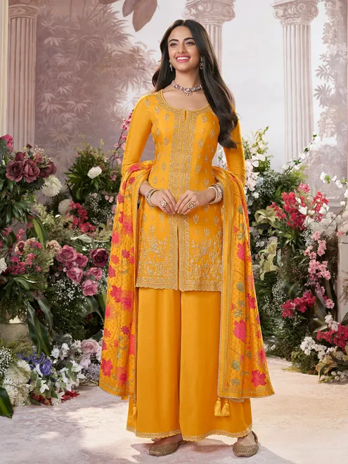 Mustard yellow georgette silk round neck palazzo suit