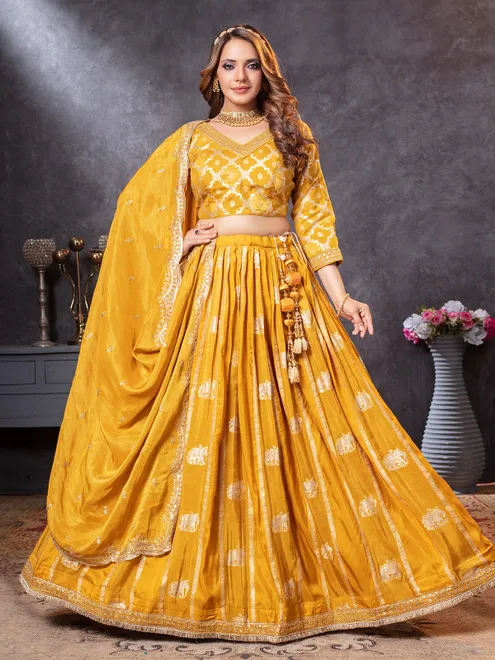 Mustard yellow haldi resham and zari lehenga choli