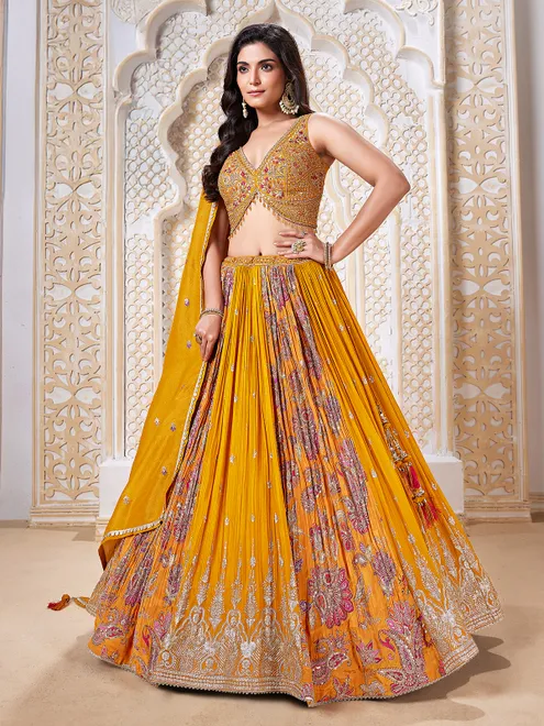 Mustard yellow haldi special designer lehenga choli