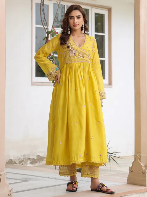 Mustard yellow organza and chanderi silk kurti set