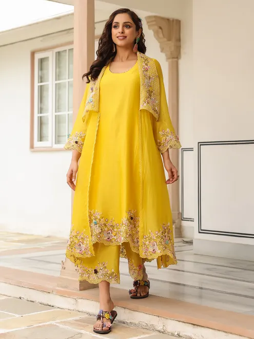 Mustard yellow organza and chanderi silk kurti set for women