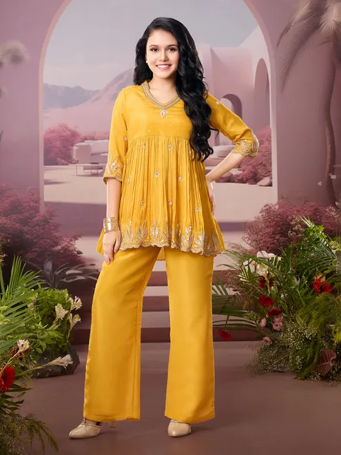 Mustard yellow palazzo designer suit with beads work
