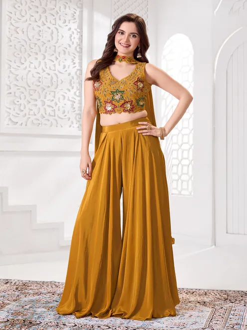 Mustard yellow palazzo suit with dupatta for girls wedding wear