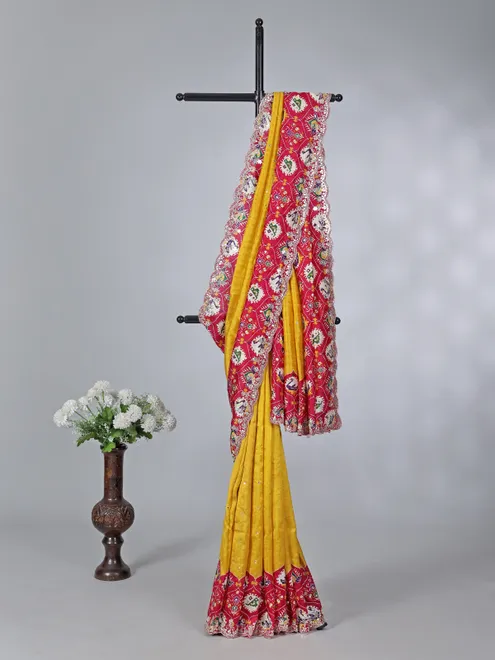 Mustard yellow pashmina silk haldi saree