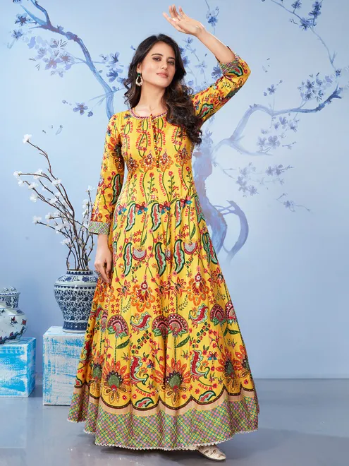 Mustard yellow printed anarkali salwar suit for haldi