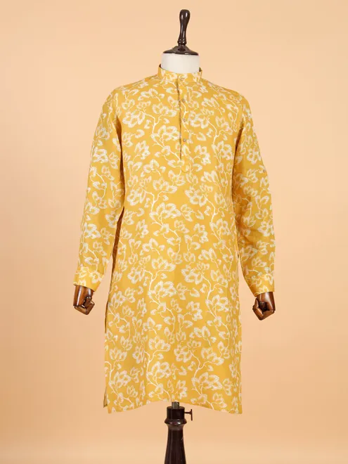 Mustard yellow printed cotton kurta for men