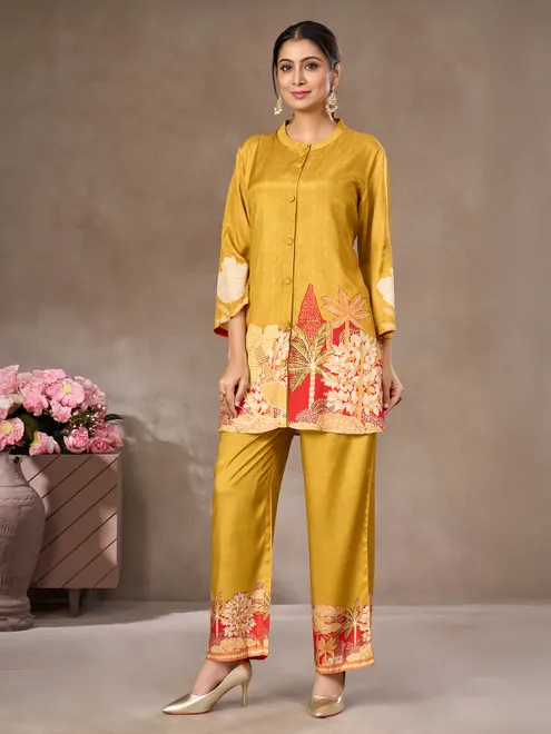 Mustard yellow printed crepe silk co-ord set