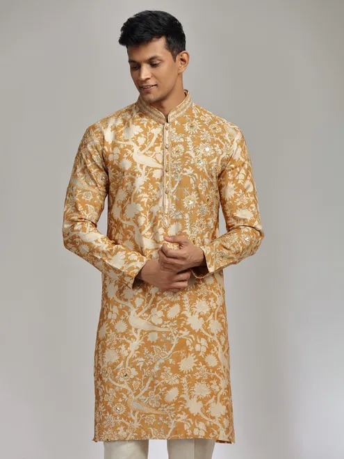 Mustard yellow printed festive wear silk kurta suit