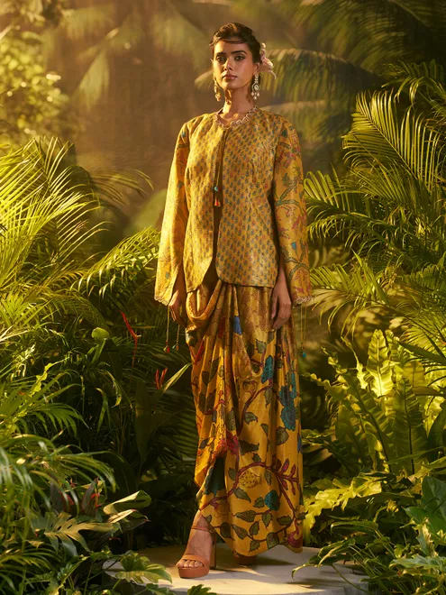 Mustard yellow printed indowestern suit for women
