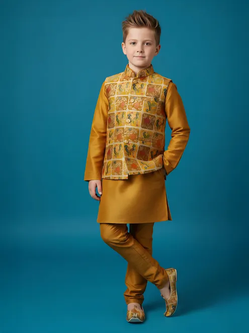 Mustard yellow printed semi silk waistcoat set